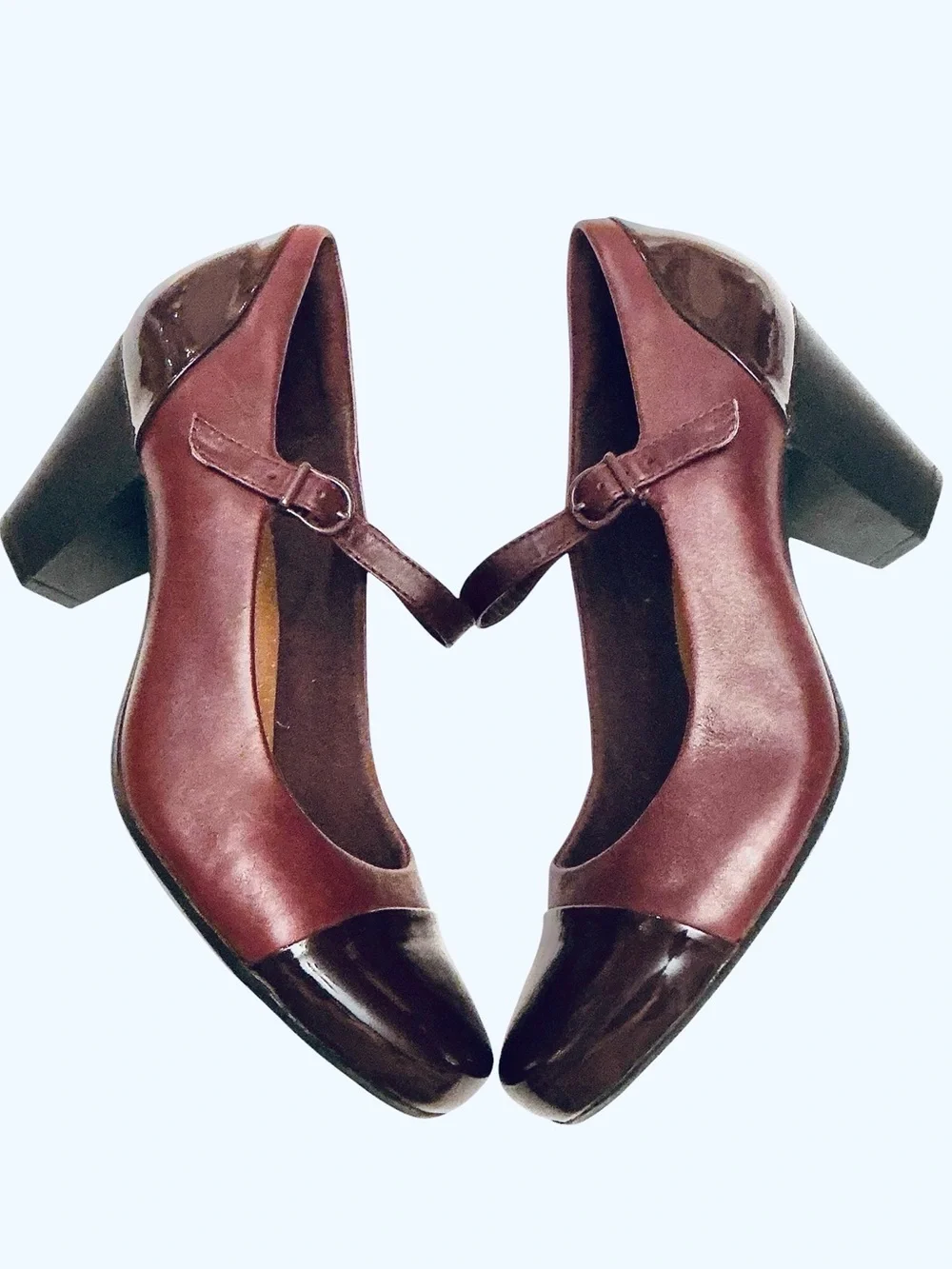 Clarks Burgundy Leather Mary Jane Pump Patent Accents Women’s Size 10 W
